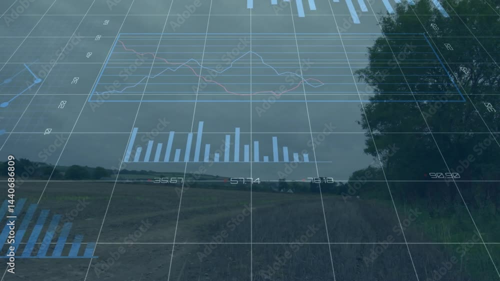 Poster digital data overlay flowing across rural landscape, showing line chart pie chart bar graph icons