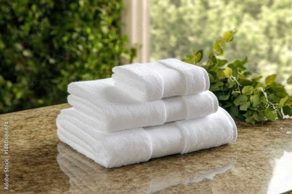 Poster stack of pristine white towels on marble countertop against blurred green foliage backdrop in soft n