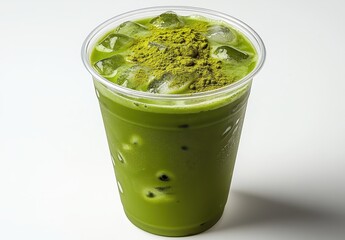 Refreshing Iced Matcha Tea in Clear Plastic Cup with Ice and Green Powder on Top, Perfect for a Summer Drink on a Warm Day