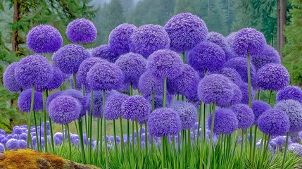 Dense cluster of vibrant purple allium flowers blooming in a garden with a blurred forest backdrop