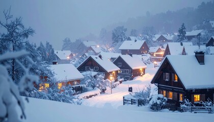 Winter Village in Twilight: A serene village nestled amidst a snowy landscape under the twilight sky, inviting warmth and stillness in the crisp winter air.
