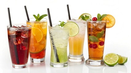 Colorful Cuba Libre, Long Island, Mojito, Paloma, Tequila Sunrise, and Screwdriver cocktails in PNG set