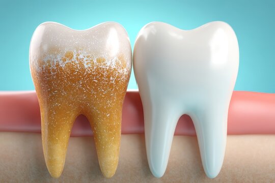 Comparison of healthy and plaque-covered teeth on gum with blue background