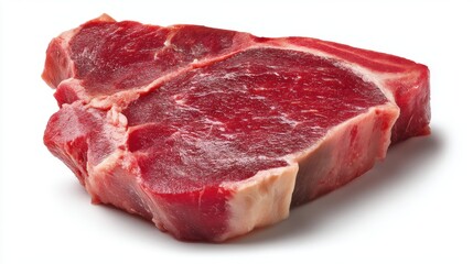 Obraz premium Fresh Raw T Bone Steak Isolated on White Background Close Up Captures the Rich Marbling Texture and Vibrant Red Color of the Premium Cut Perfect for Culinary and Food Photography