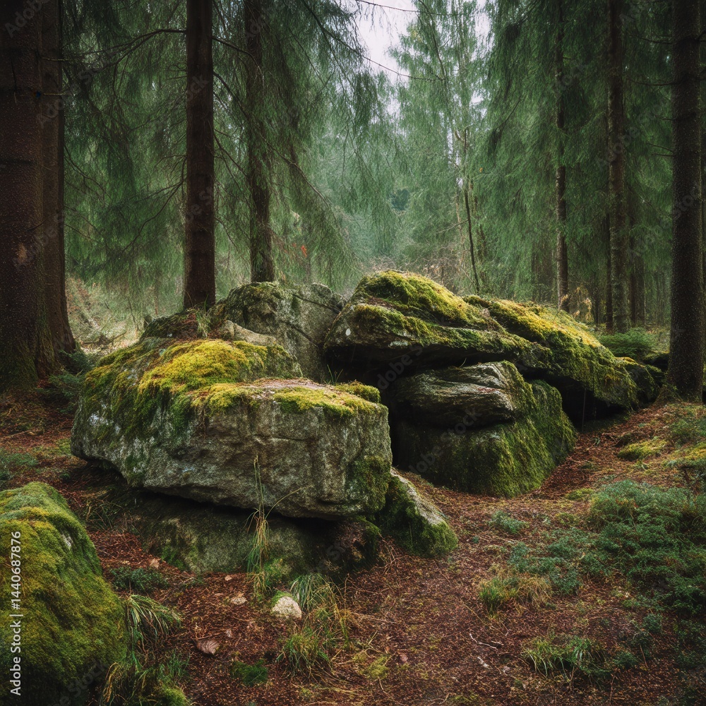 Aufkleber enchanting forest scene featuring moss covered rocks and towering trees creating a serene and natura