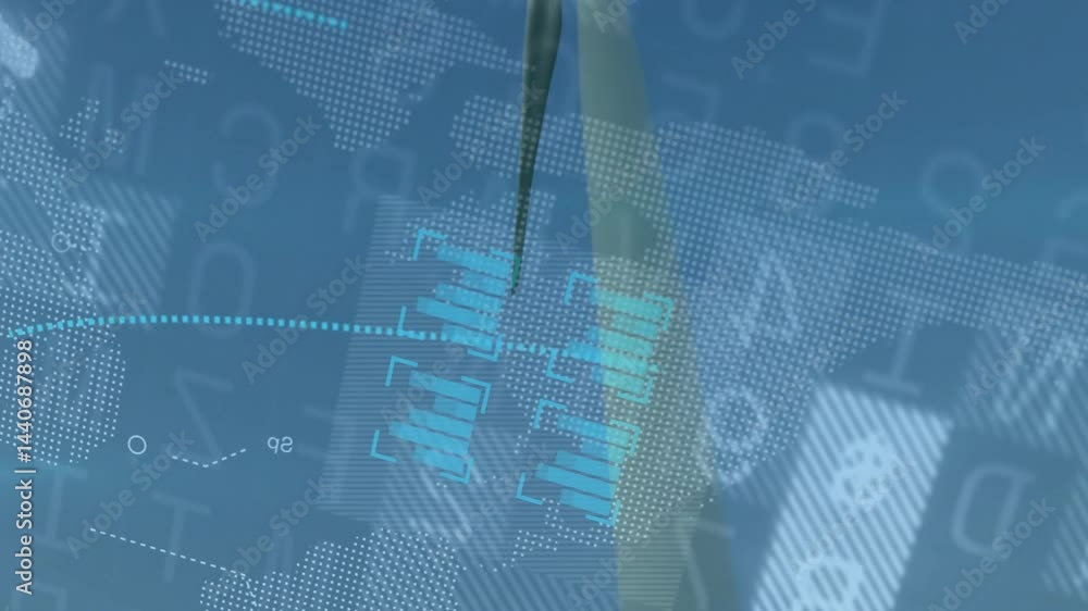 Poster wind turbine tower and blade blending with digital data visuals showing binary numbers and charts