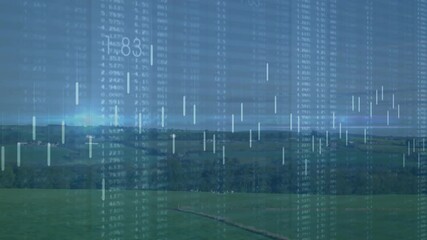 Rural countryside panorama being overlaid with translucent candlestick charts and lit data streaks - Powered by Adobe
