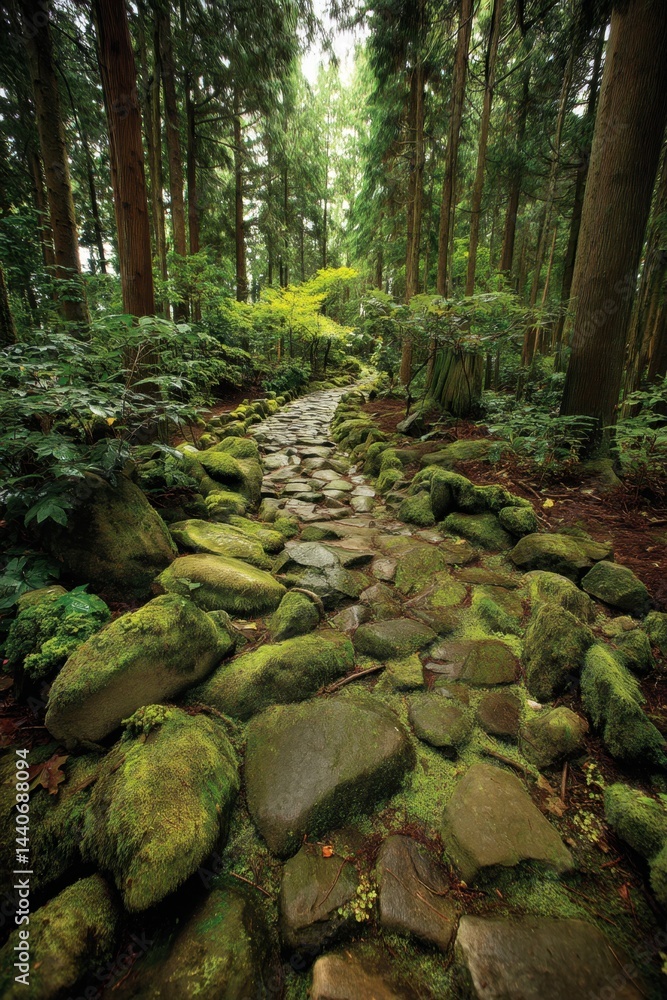 Poster serene forest path lined with mossy stones and lush greenery creating a peaceful and enchanting scen