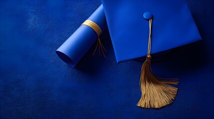 Graduation Cap and Diploma: A royal blue graduation cap and diploma lie elegantly together, symbolizing academic achievement and the exciting future that awaits.