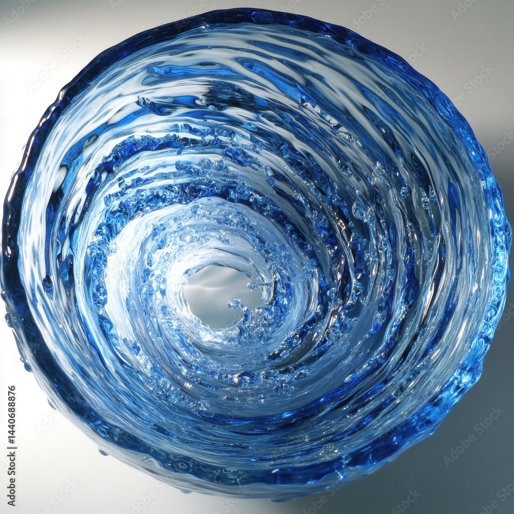 Poster captivating glass sculpture of swirling blue and white water in a circular vortex design creating a 