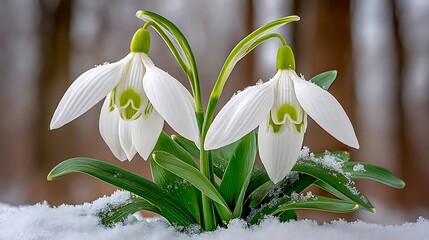 Obraz premium Delicate snowdrop flowers bloom amidst melting snow, showcasing spring's arrival with pristine beauty