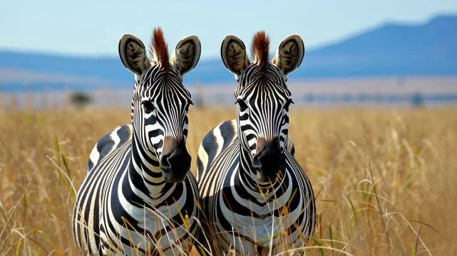 Two plains zebras standing together in golden grasslands under a clear sky, showcasing their distinct black and white stripes during a sunny day in the wild