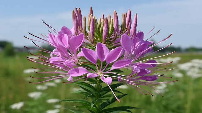 Close-up of a vibrant pink cleome flower with long stamens against a blurred green background