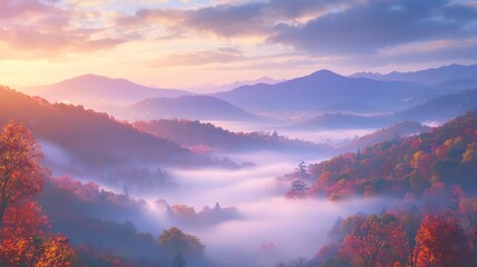 Misty autumn mountains at dawn