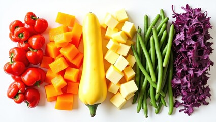 A Colorful Harvest: Fresh Vegetables and Fruits Arranged in a Vibrant Spectrum on a Clean White Surface, Ready for a Healthy Meal.