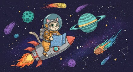 Cat astronaut exploring space with cosmic scenery  