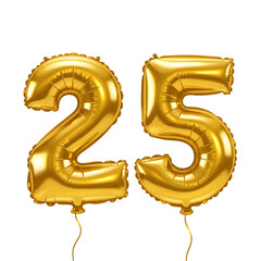 Golden number 25 foil balloons isolated for festive celebrations occasion