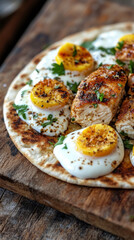 Savory pita with warm chicken breast, boiled egg, and creamy yogurt dressing, perfect for a quick and satisfying lunch or snack