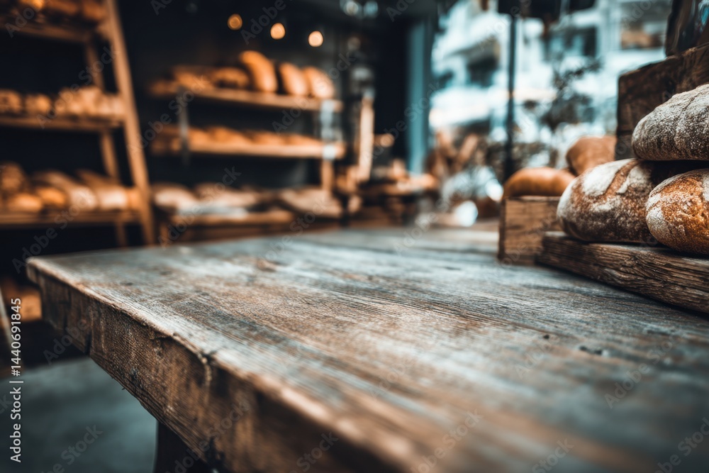 Aufkleber rustic bakery display featuring fresh bread on a weathered wooden table with shelves of baked goods 