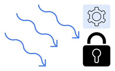 Blue arrows illustrate data flow, a gear represents settings or system management, and a lock signifies security. Ideal for technology, cybersecurity, data transfer, system optimization, privacy