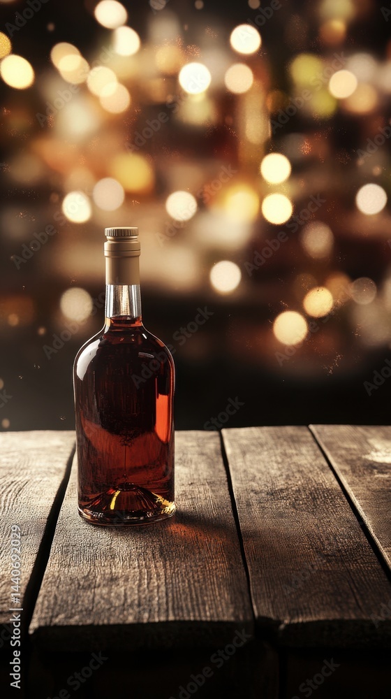 Poster elegant bottle of amber liquor on rustic wooden table with bokeh lights creating a warm inviting atm