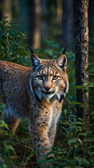 Fototapeta premium A lynx quietly stalking its prey through dense underbrush in a twilight forest.