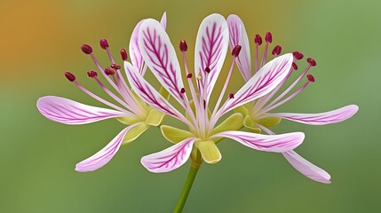 Close-up of delicate, striped flower with pink and white petals, green stem