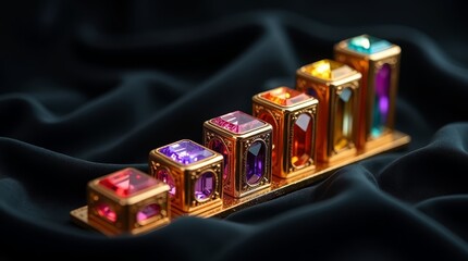 Growth chart richly adorned with 3D golden bars lavishly encrusted with diamonds, sapphires, and emeralds on deep black silk, symbolizing ultimate wealth, prestige, and financial success