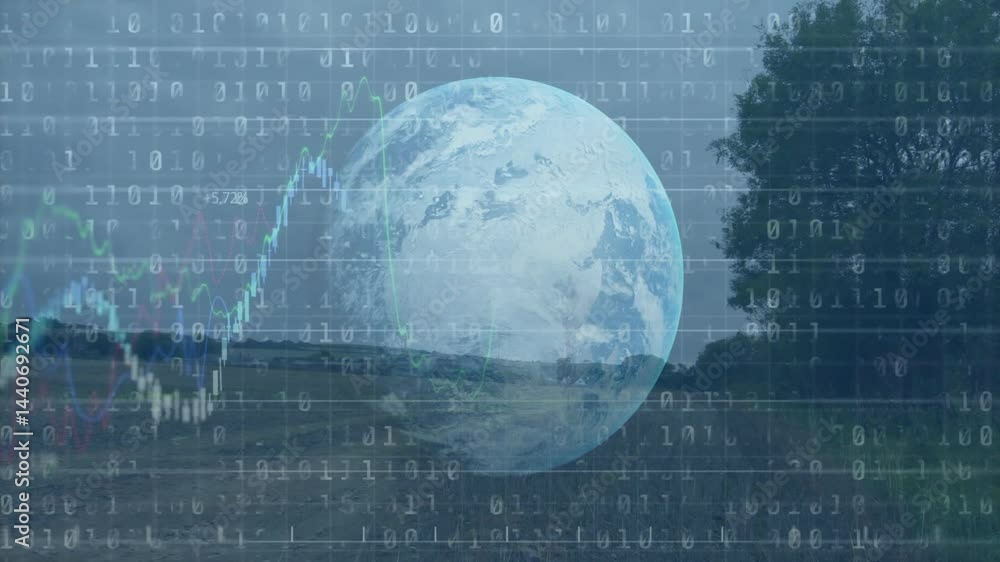 Poster semi-transparent earth globe hovering over field, showing binary code and candlestick charts