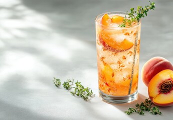 Refreshing Peach Sparkling Drink with Ice Garnished with Fresh Thyme in a Tall Glass on a Light Background