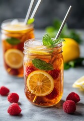 Fototapeta premium Refreshing Summer Beverage in Glass Jar with Lemon Slices and Raspberries on Table Garnished with Fresh Mint Leaves and Ice Cubes