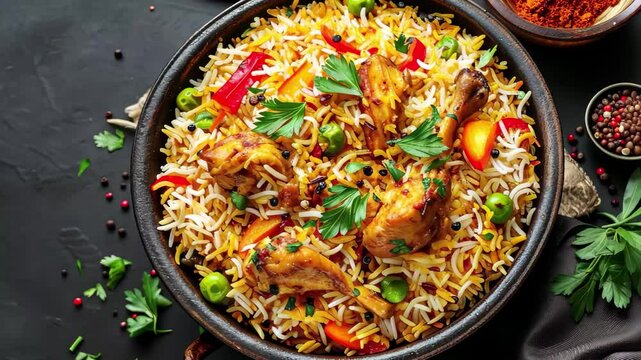 Savory Indian chicken biryani served in a black bowl with colorful vegetables, fresh herbs, and spices, ready to enjoy for a delicious meal at any time of day