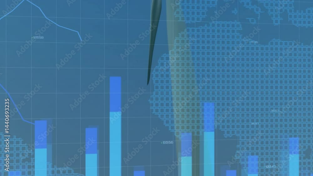 Poster wind turbine tower occupying center, displaying translucent data charts with grid map overlay
