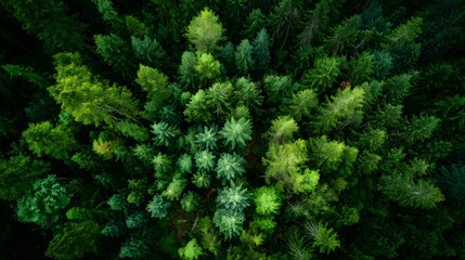 Aerial view of a dense forest with various shades of green trees and natural light shining through