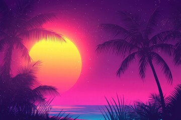 Obraz premium Vibrant sunset over ocean with palm trees and starry sky creating a retro synthwave aesthetic