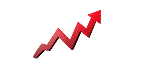 Rising red arrow 3d render icon isolated on transparent background. Cut out. PNG