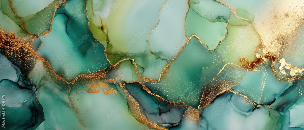 Poster mesmerizing alcohol ink art featuring a blend of teal green and gold creating a luxurious and captiv