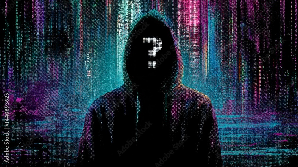 Poster hacker in digital hoodie in cyberpunk landscape with question mark face