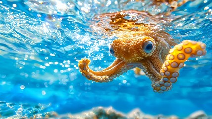 Octopus Swimming Underwater in Ocean Sunlight