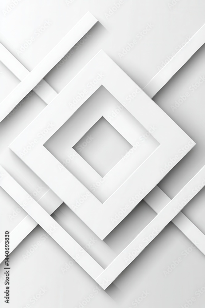 Poster minimalist abstract design featuring layered white squares and lines creating a modern geometric pat