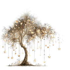 Fototapeta premium Magical Sparkling Tree with Hanging Stars Festive Holiday Decor and Winter Wonderland Scene