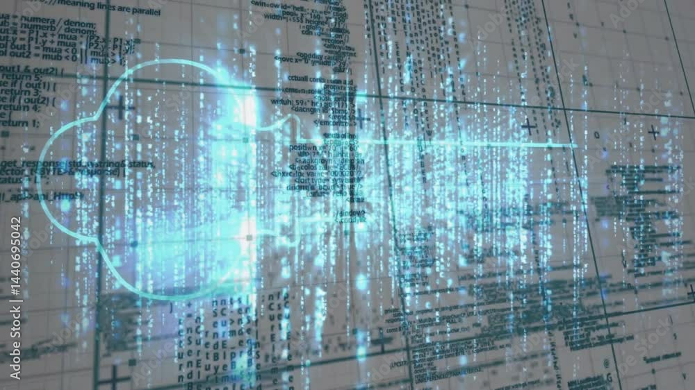Poster cyan-blue holographic overlay streaming across data grid, showing glowing streams and looping shape