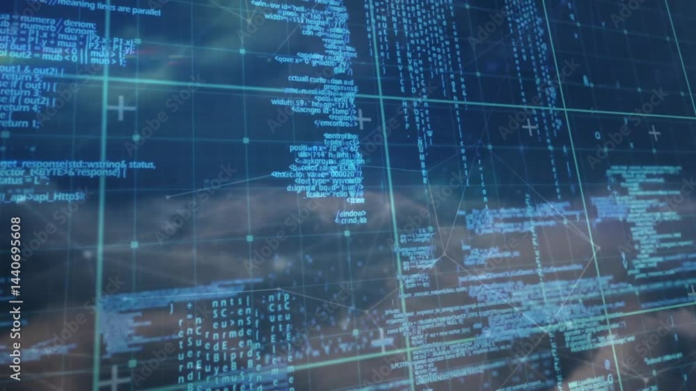 Poster Digital code overlay floating over dark blue network grid, highlighting translucent data streams