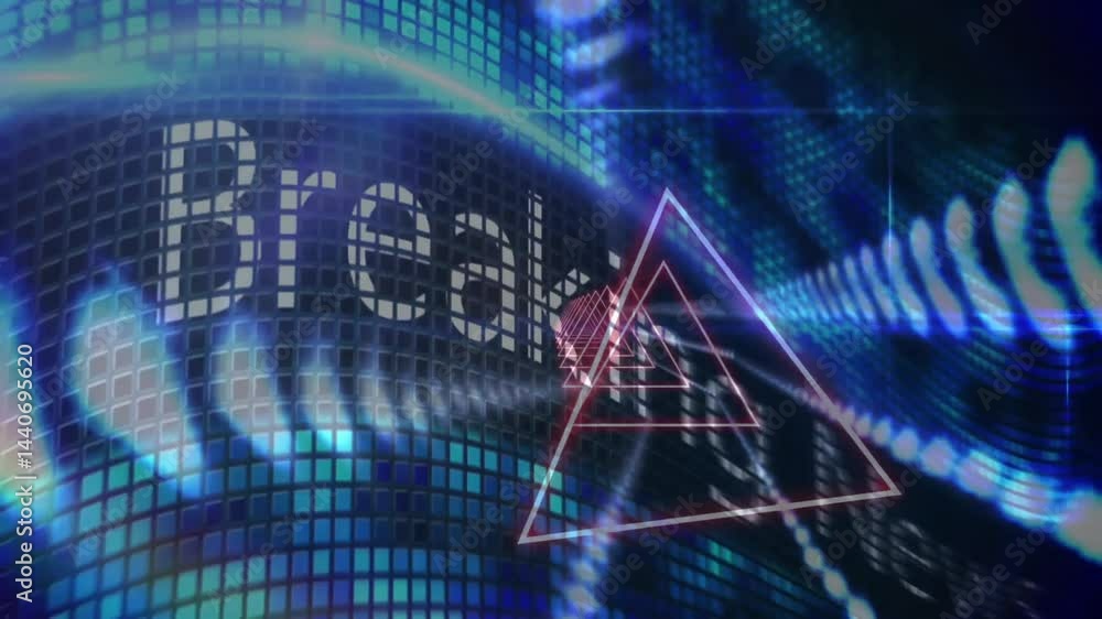 Poster nested wireframe triangles floating before glowing teal tile grid, showing deal text, lens flare