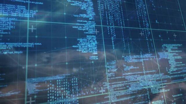 Digital code overlay floating over dark blue network grid, highlighting translucent data streams