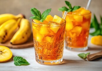 Fototapeta premium Refreshing tropical summer drink with ice cubes, fresh mangoes, mint leaves, and yellow bananas on a wooden table background