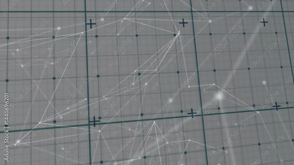 Poster abstract network floating across teal grid, connecting glowing nodes with translucent white lines