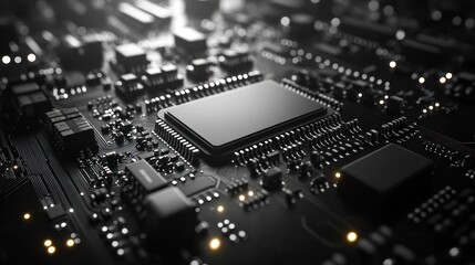 Obraz premium Close-up of a dark computer circuit board with a central processor unit.