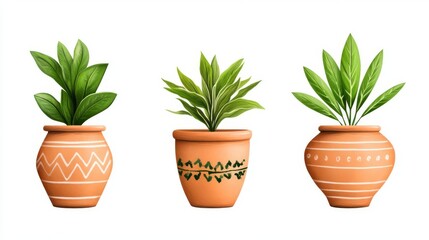 Three stylish potted plants in decorative terracotta pots adding greenery to any space.