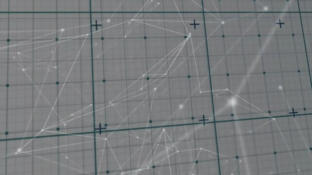 Abstract network floating across teal grid, connecting glowing nodes with translucent white lines